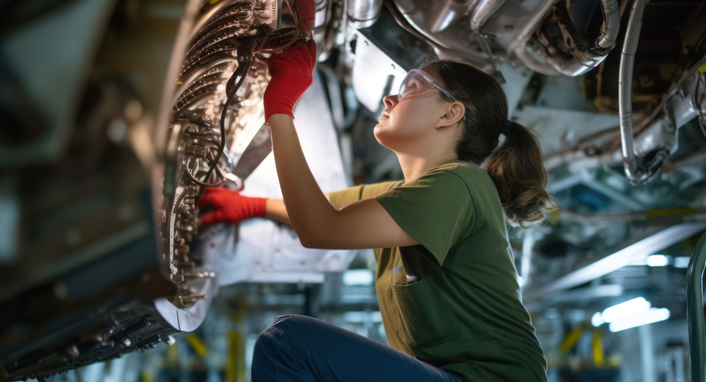 A proud and confident female aerospace engineer works on an aircraft, displaying expertise in technology and electronics.