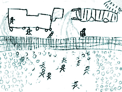 Drawing of water cannons at Woomera by a child in immigration detention