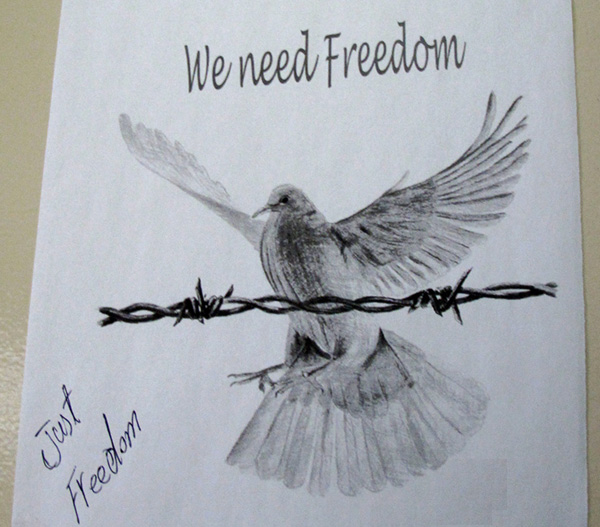 Artwork on the bedroom door of a man in detention, Maribyrnong Immigration Detention Centre.