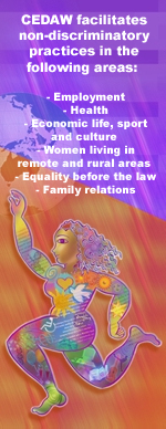 CEDAW facilitates non-discriminatory practices in the following areas: Employment; Health; Economic life, sport and culture; Women living in remote and rural areas; Equality before the law; Family relations.