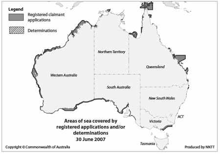 Current registered native title applications and determinations over sea country on map of Australia