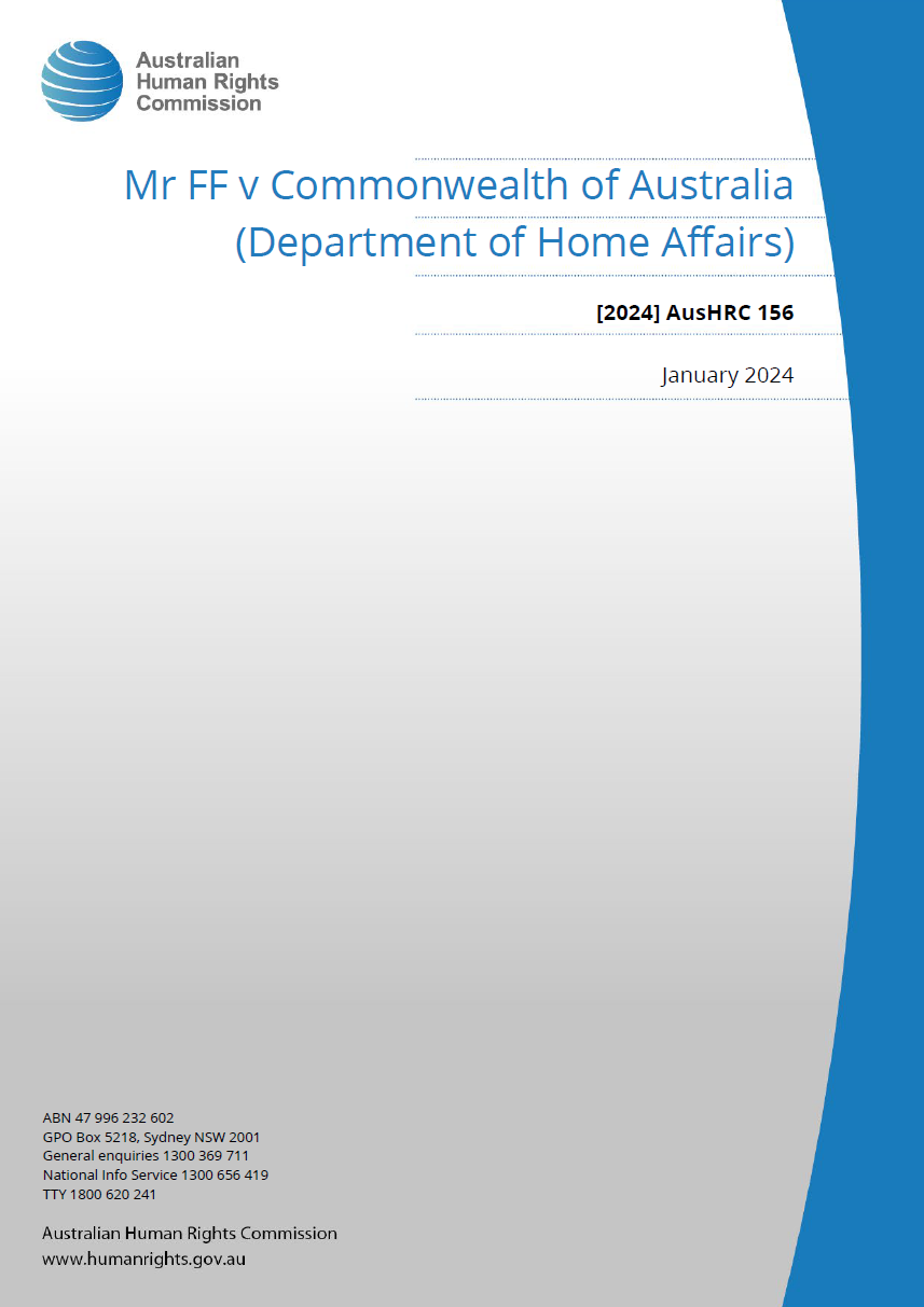 Blue and white cover of Australian Human Rights Commission report Mr FF v Commonwealth