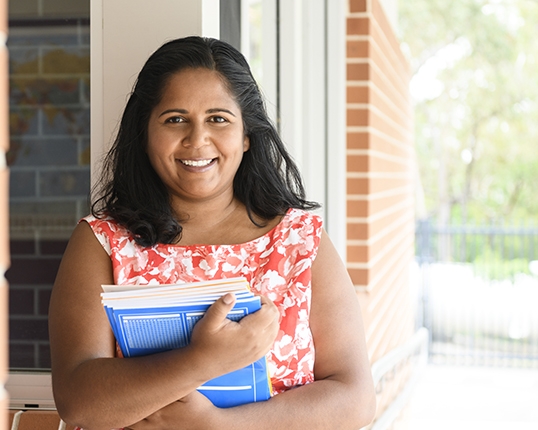 Australian teacher outside classroom