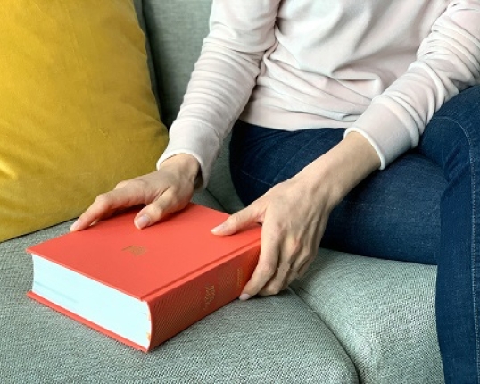 A person picks up a book from the couch