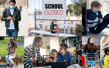 Collage of children of all ages wearing masks, walking, shopping, crying. A sign "school closed"