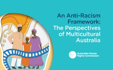 Cover of Anti-Racism Framework: The Perspectives of Multicultural Australia featuring drawing of man, woman and child with head coverings and traditional dress