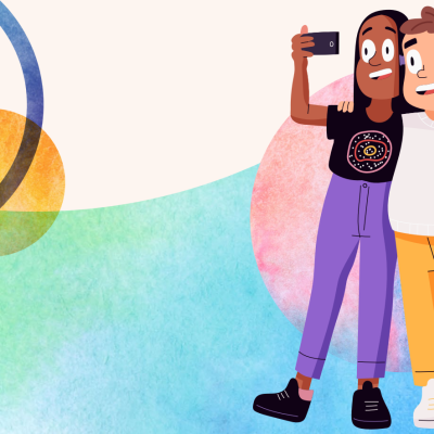 Cartoon of two children taking a selfie