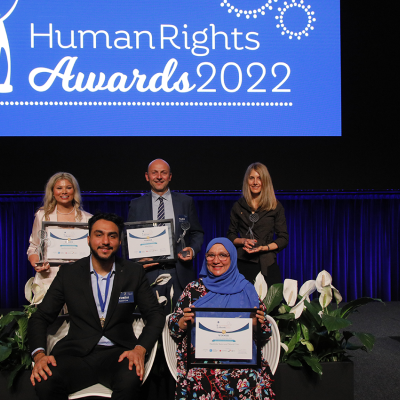 Human Rights Award winners, Mahboba Rawi, Nawid Cina, Caroline Cecile Fletcher, Scientia Professor Jane McAdam, Andrea Comastri (hotel Etico CEO)  