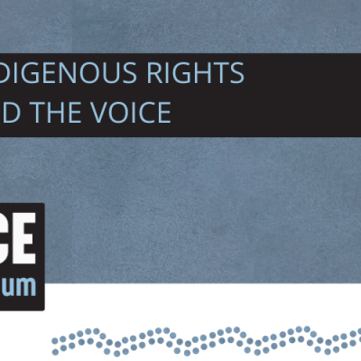 Voice Referendum - 'Indigenous rights and the Voice' banner with blue background and blue Indigenous motif