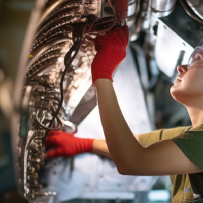 A proud and confident female aerospace engineer works on an aircraft, displaying expertise in technology and electronics. 