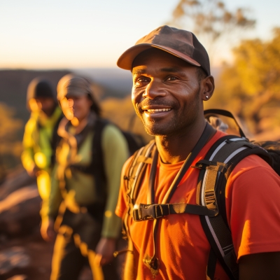 Happy Aboriginal man hiking with friends