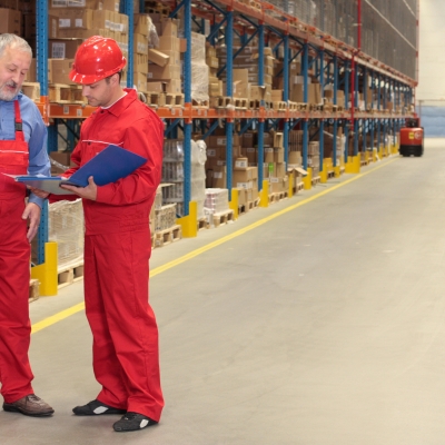 Multi generational workers reading invoice in warehouse